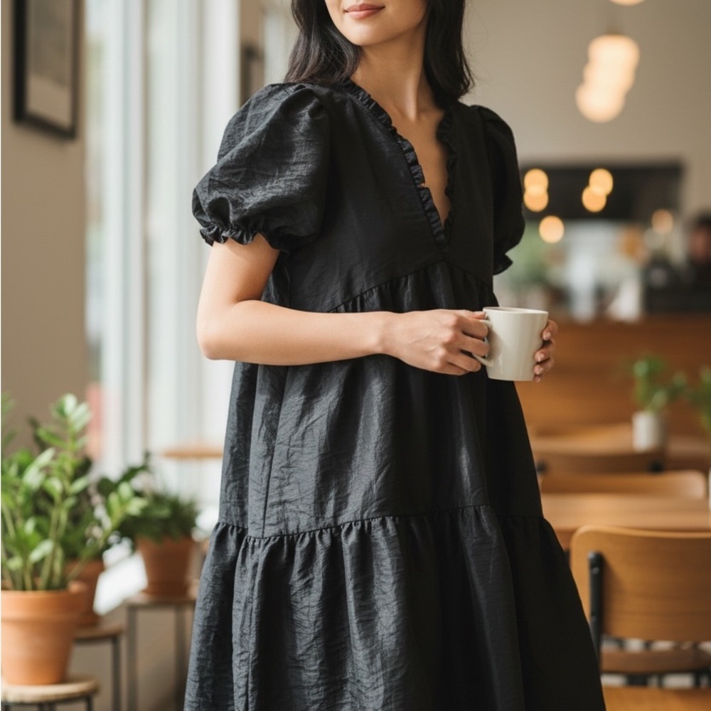 Kika Vargas Black Puff Sleeve Midi Dress